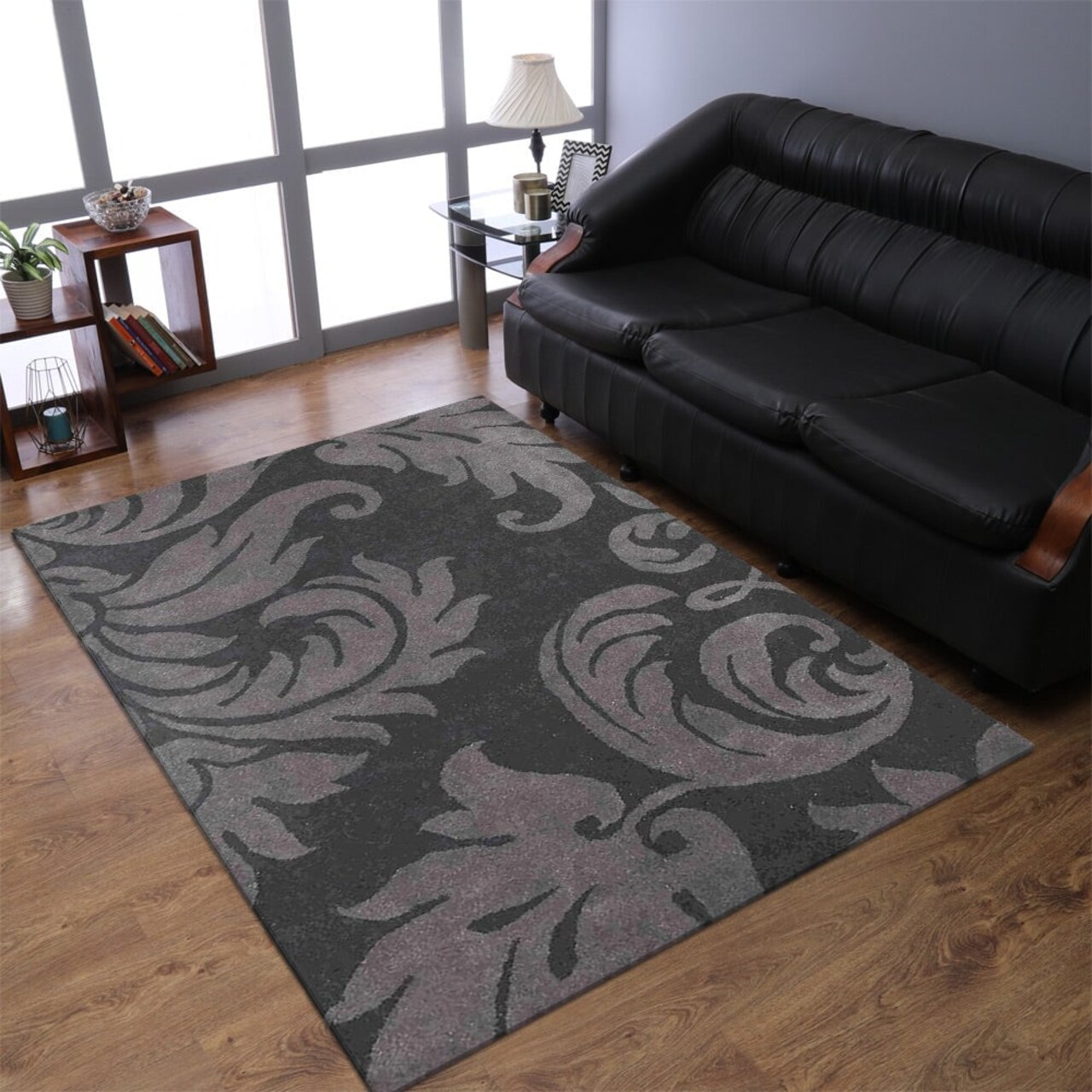 Hand Tufted Wool Area Rug 5X8 Black Gray Floral K00203 Eco-Friendly Soft